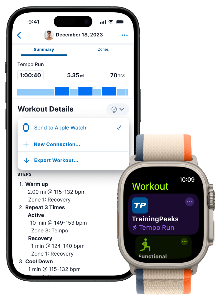 App TrainingPeaks no celular e Apple Watch